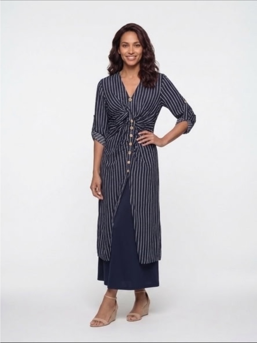 Zara Navy and White Vertical-Stripe Longline Button Blouse with Front Twist